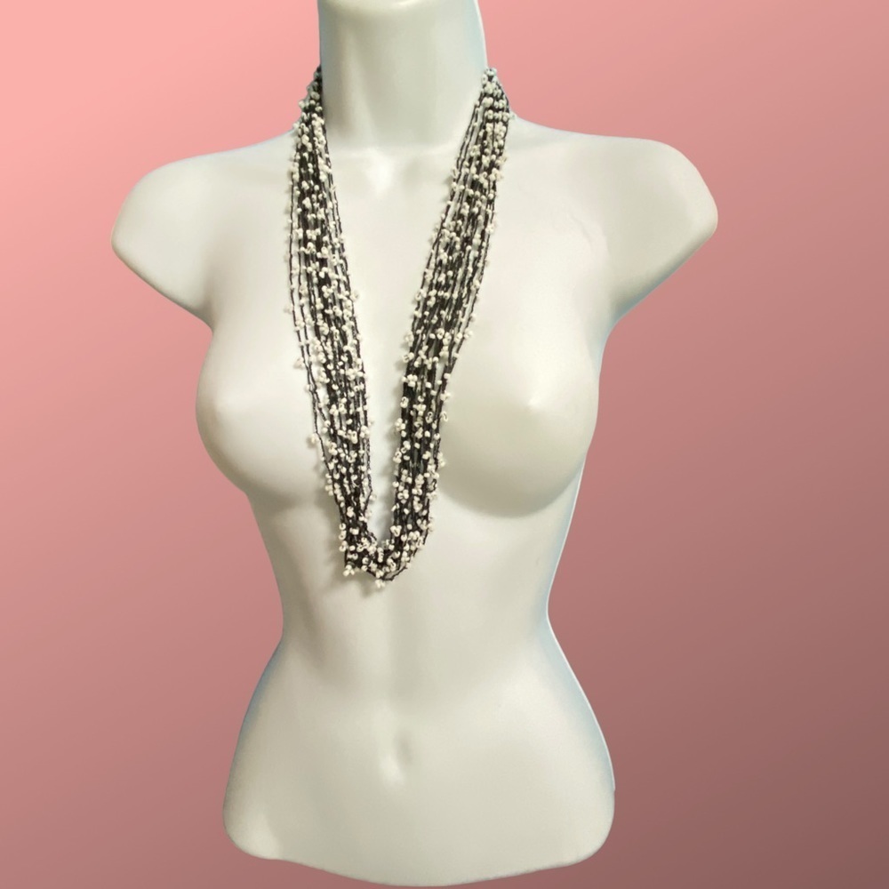 Black & White Seed Bead Multi-Strand Necklace Artisan Boho